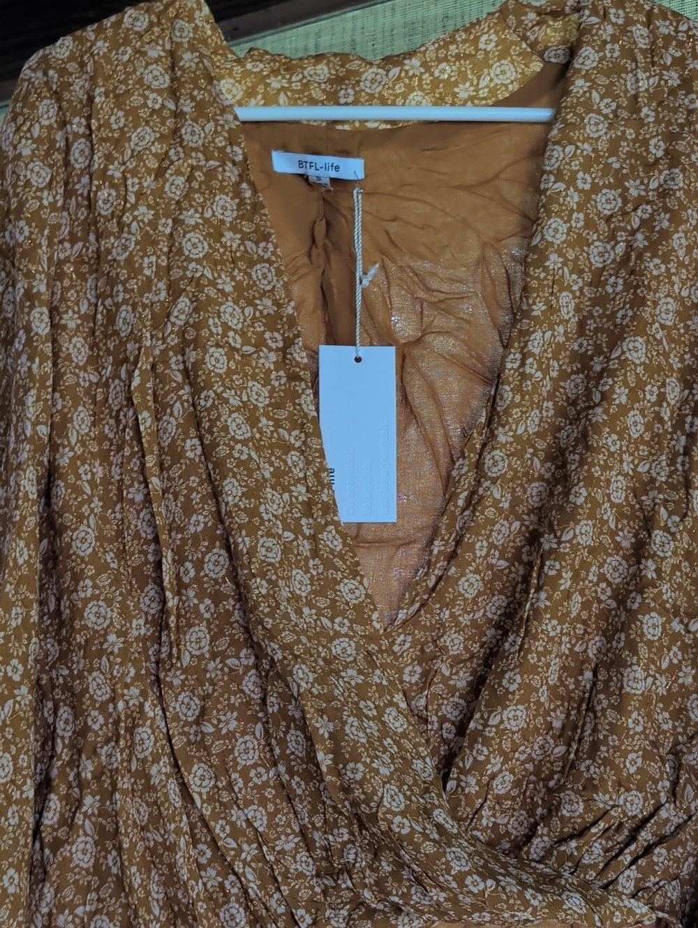 BTFL-life Women's Mustard Floral Loose Blouse Gold VICI Collection Shimmer Drape